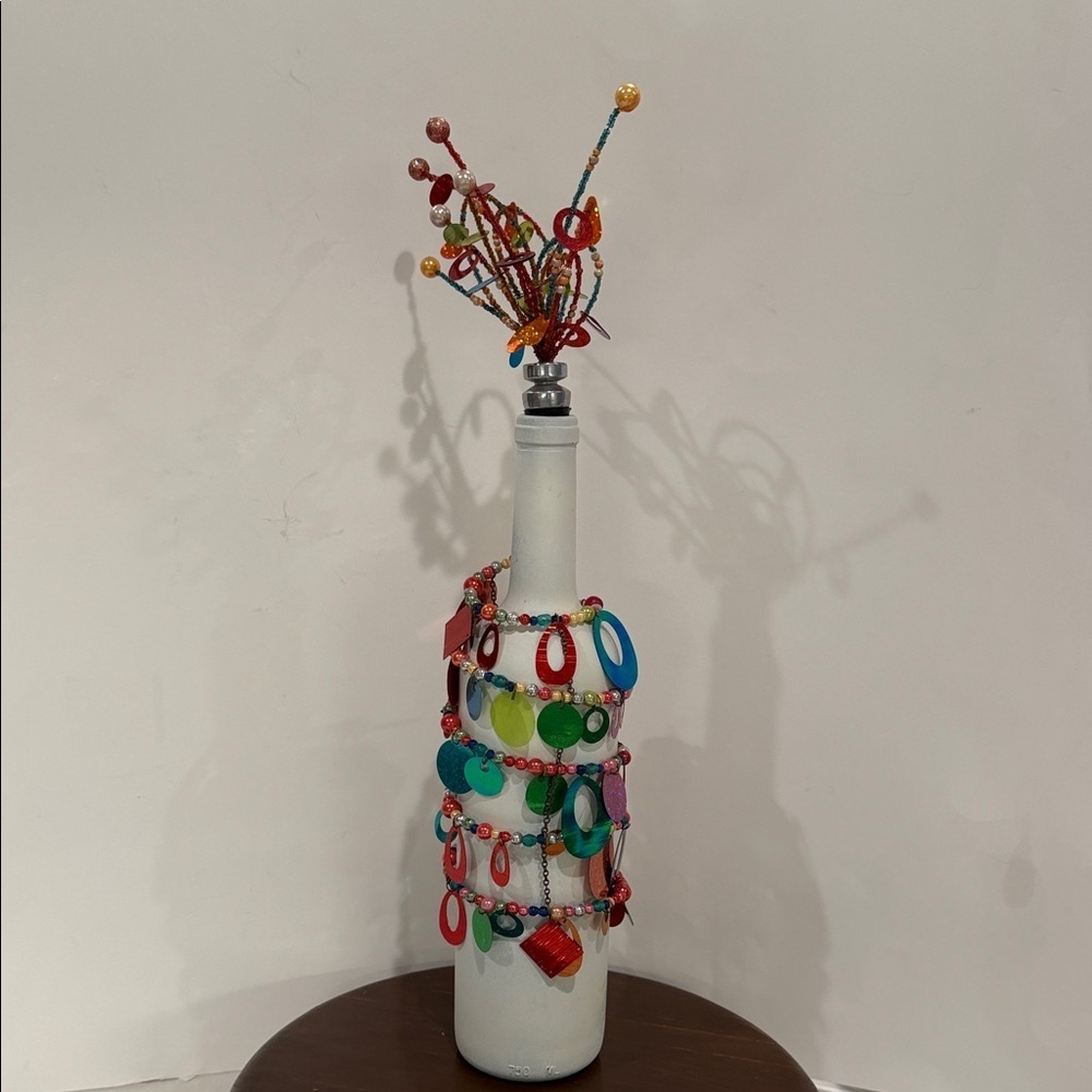 Decorative White Wine Bottle With Fireworks Beaded Stopper & Beads, Sequins Wrap - Picture 5 of 17